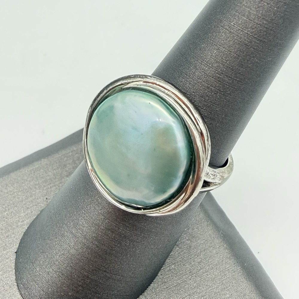 Vtg HONORA Blue Pearl Ring 925 Sterling Silver Sz 7 Modernist Circle Disk QVC